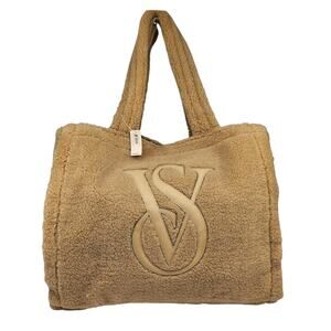 Victorias Secret Handbag Purse Tan Brown Sherpa Fuzzy Tote Carryall Shoulder NEW